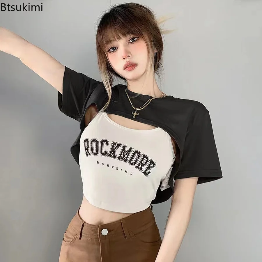 

Женские летние топы Y2K с принтом 2022, короткие футболки контрастных цветов в стиле ретро, женские футболки, волшебный гранж, комплект из двух ...