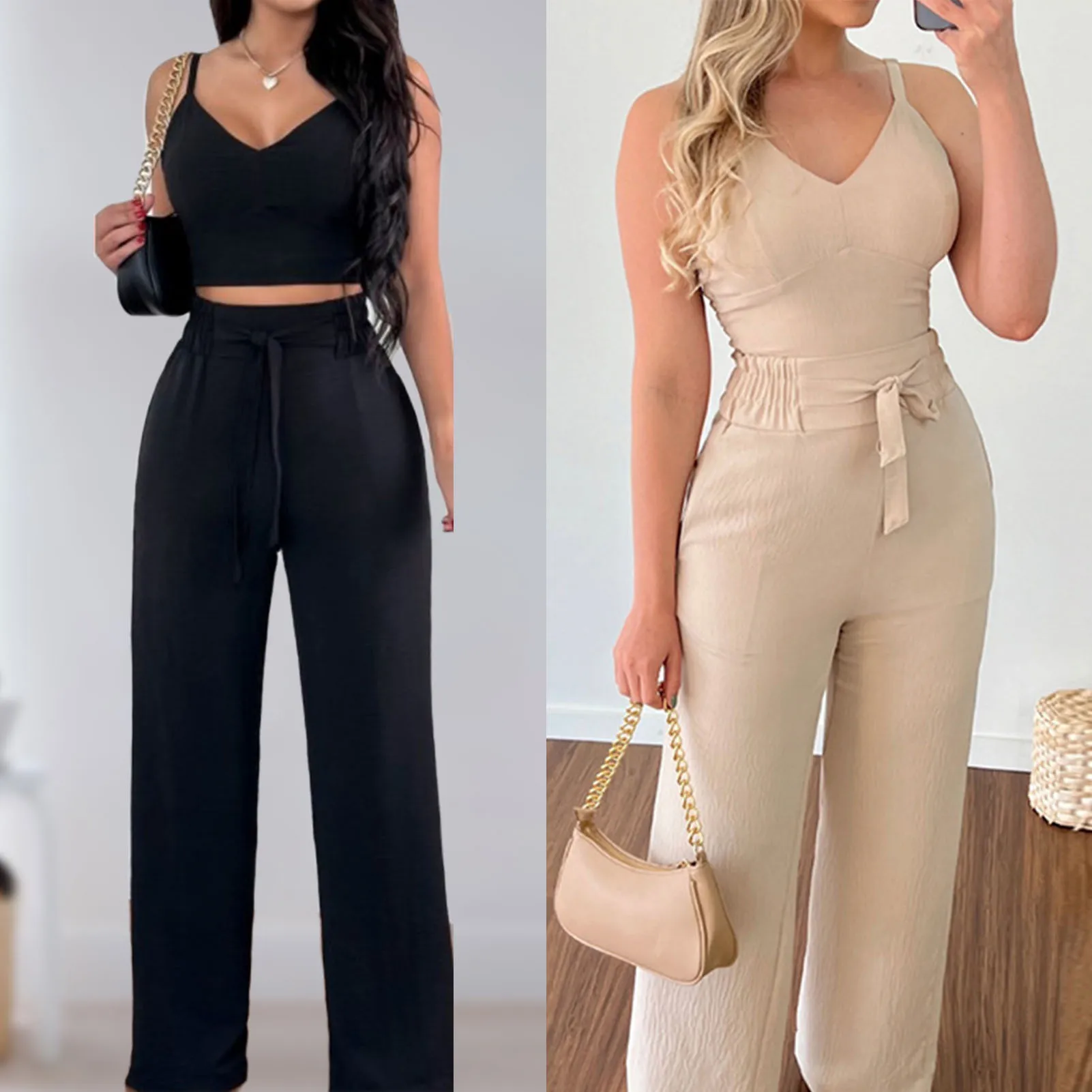 

Ladies Sleeveless Crop Top Pant with Pockets Vest Top Straight Leg Pants Casual Solid Color High Waist Loose Fit Daily Outfit