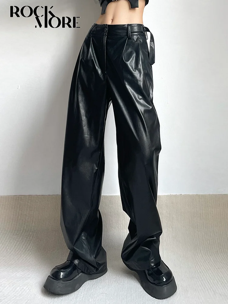 

Rockmore Faux Leather Pants Matching Belt Streetwear Chic Black Baggy PU Trousers Y2K Hip Hop Grunge Loose Straight Sweatpants