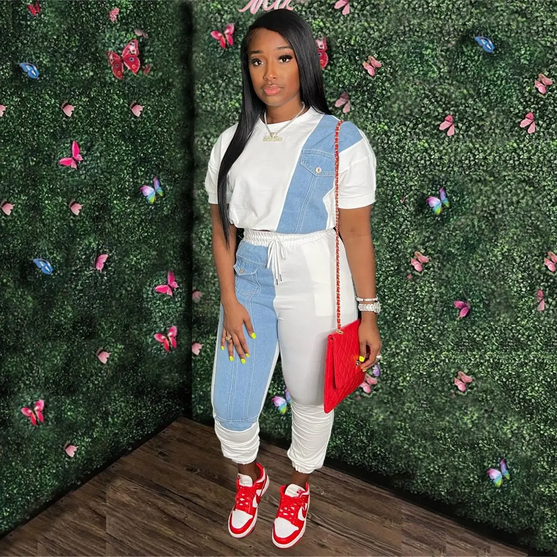 

CM.YAYA Workout Denim Patchwork Women Two 2 Piece Set Outfit Sweatsuit 2022 T-shirt and Jogger Pants Matching Set Tracksuit