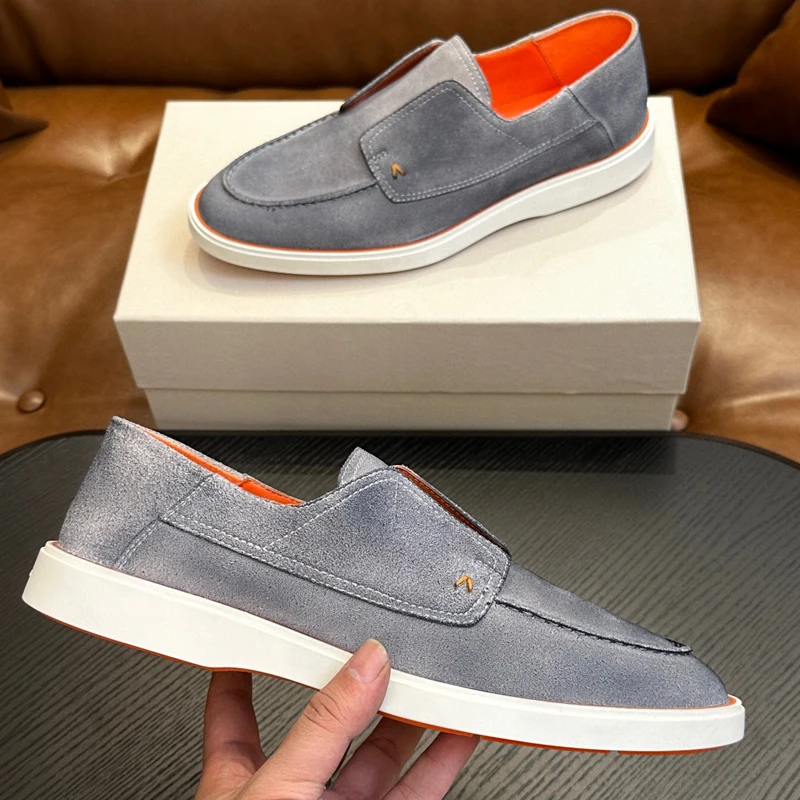 Дизайнерские мужские серые годрические лоферы с миндальным носком замша из