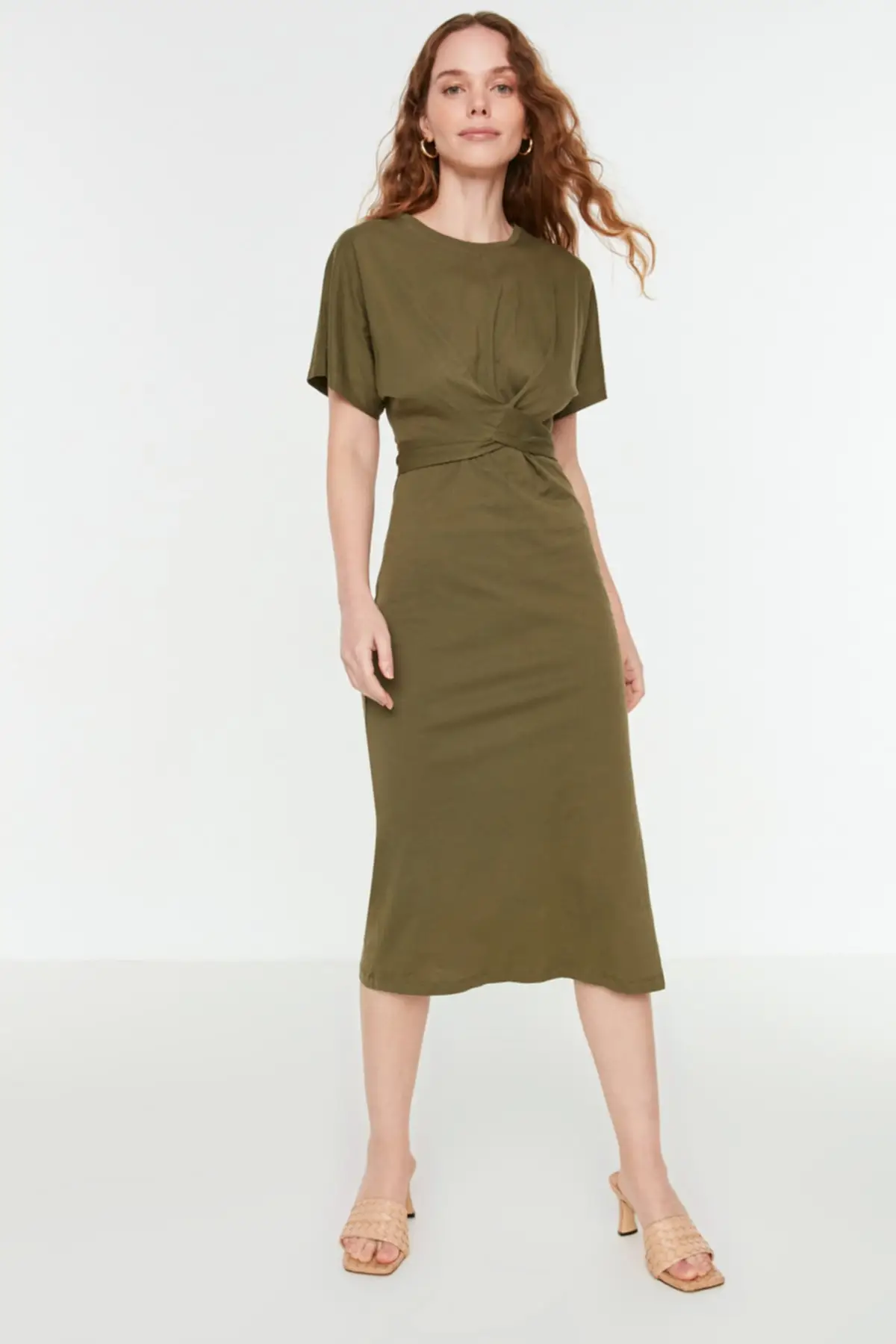 Khaki Knitted Dress, Cool Comfort Single Jersey Standard Sleeve Solid Regular Bike Collar Midi 100 Cotton Short A-line casual & Comfort