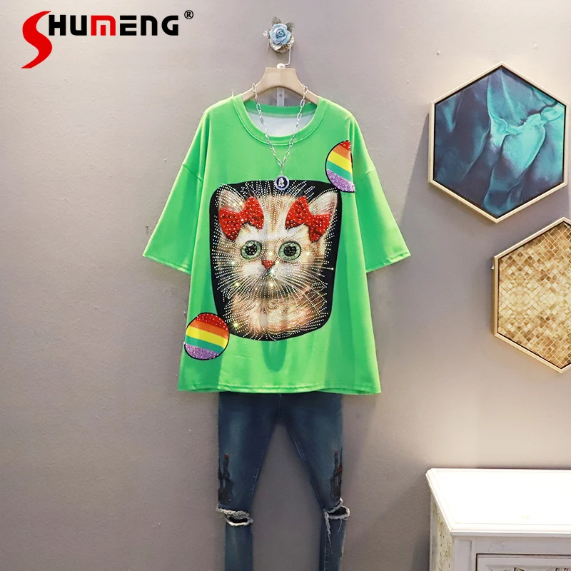 

Green Rhinestone Cat Patch Crew Neck Oversized T-shirt Top Loose Pullover Creative Woman Tshirts 2022 Summer New Clothing Women