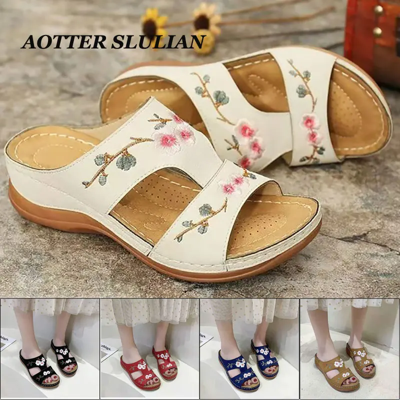 

Summer Soft Open Toe Wedge Slippers, Embroider Flower Ethnic Flat Platfrom Shoes Outdoor Casual Anti-slip Beach Sandal For Women