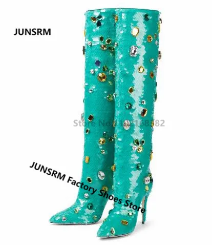 2022 Winter Green Scales Knee High Boot Pointed Toe Bling Rhinestone Diamonds Women Sexy Run Way Thin High Heel Party Long Botas