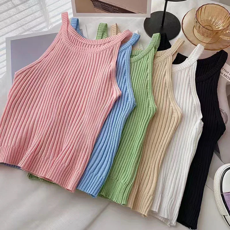 Camis Women Tank Tops 2023 Summer Women Round Neck Halter Tops Y2K Solid Knitted Off Shoulder Candy Cute Tops