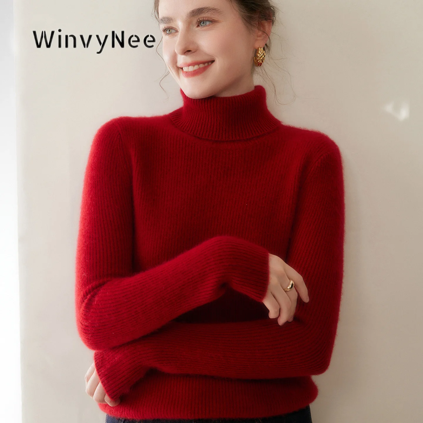 Фото Женский кашемировый свитер-гольф WinvyNee с плотной вязкой в рубчик, теплый, шелковистый на ощупь, подчеркивающий фигуру, премиум-класса, вязаный пуловер A1054083 №4