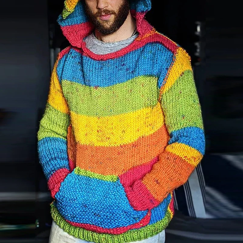 

Fashion Colorful Striped Knitted Hoodies Men Autumn Winter Casual Hooded Sweaters Mens Knitting Pullover Tops Long Sleeve Hoodie