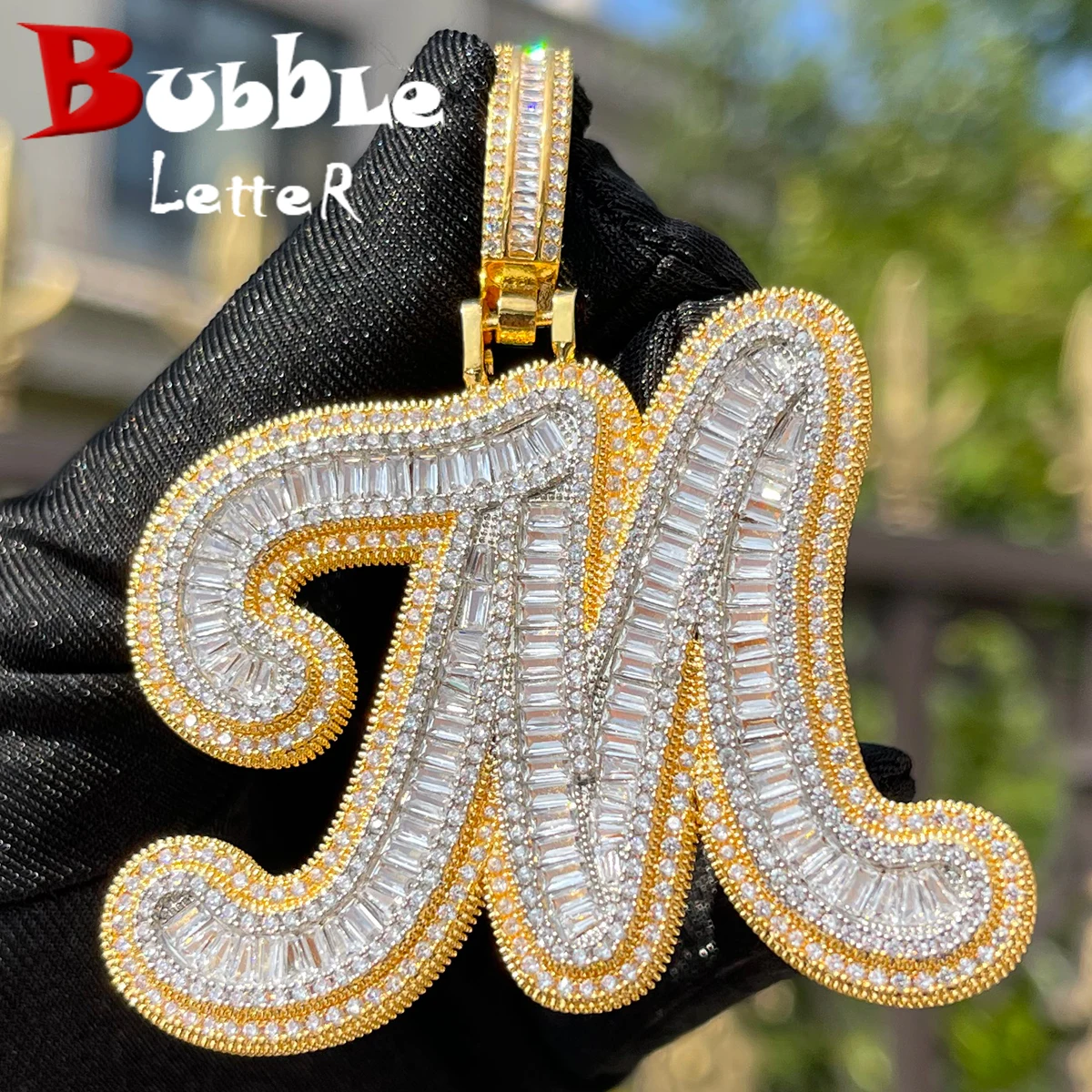 Bubble Letter Cursive Baguette Initial Jewelry Iced Out Prong Setting Pendant Personalized Name Plates Necklace for Women