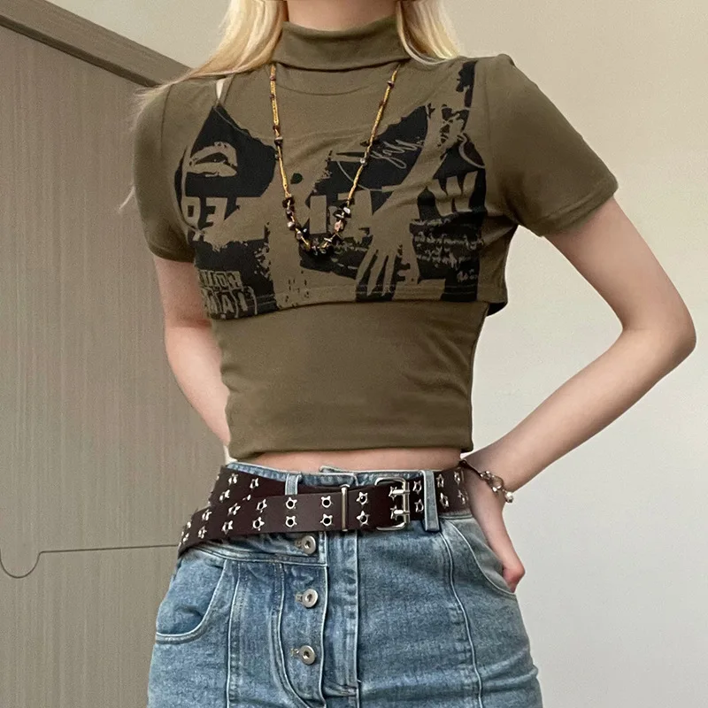 

Summer Slim Print Contrast Color Turtleneck Short Tank Top Slim Short Sleeve T-shirt Two-piece Fashion Women's Wear Crop Tops