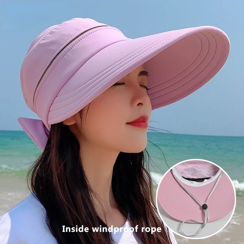 

Women Summer Hat Removable Cap Top with Zipper Empty Top Hat Cycilng Anti-UV Sun Hats Ladies Foldable Big Brim Hat Visor Caps