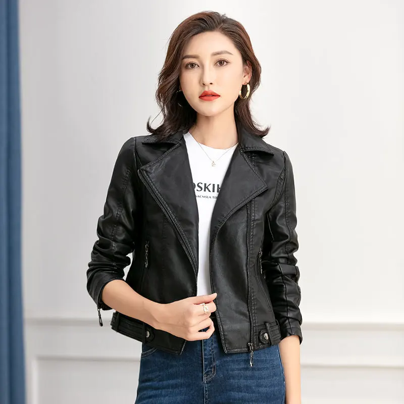 

Faux Leather Jacket Women Casual PU Slim Motorcycle Jackets Female Zipper Slim Short Coat Korean Chic For Ladies women V33