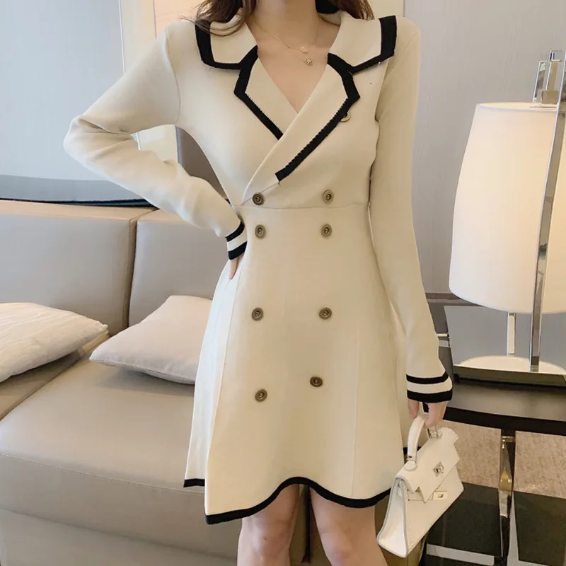 

Blazer Style Knitted Dress Women Elegant High Waist Long Sleeve Casual Dresses Spring Autumn New Fashion Cute Chic Streetwear