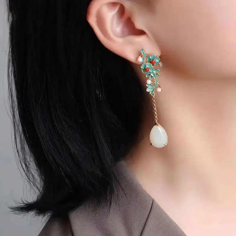 

High Quality S925 Silver Gold Plated Jade Earrings For Women Designer Luxury Aesthetic Vintage Ear Studs Crystal Chinese Style