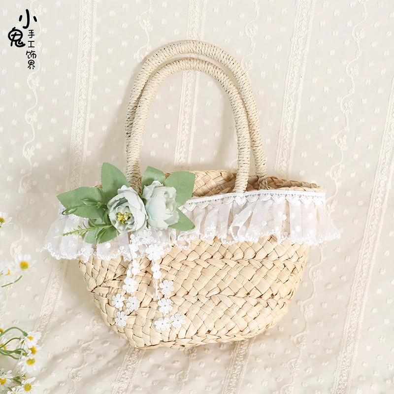 

Original Mori Style Artistic Camellia Handmade Straw Bag Summer Handbag Lace Basket Woven Bag Women's Basket