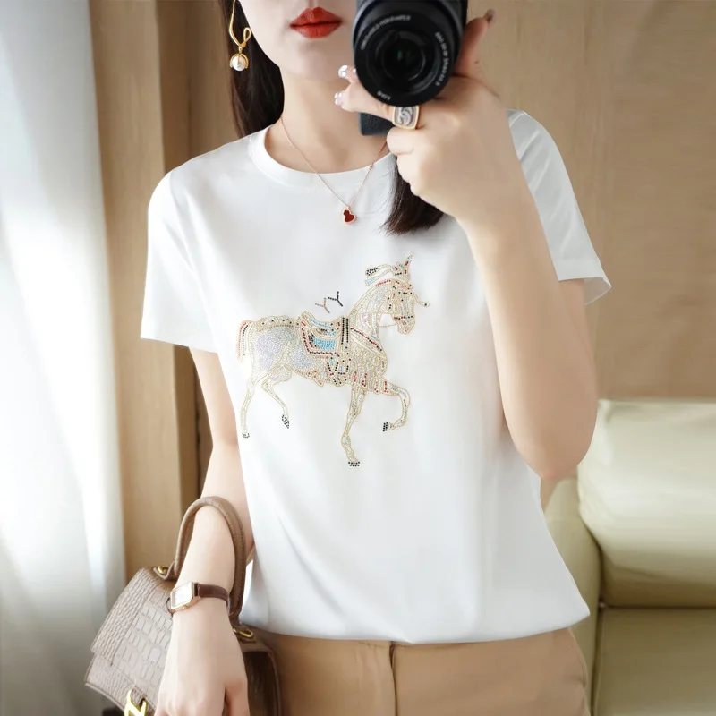 

Printed Short Sleev T-shirt Short Summer Round Neck Satin Top Loose Shirt Women