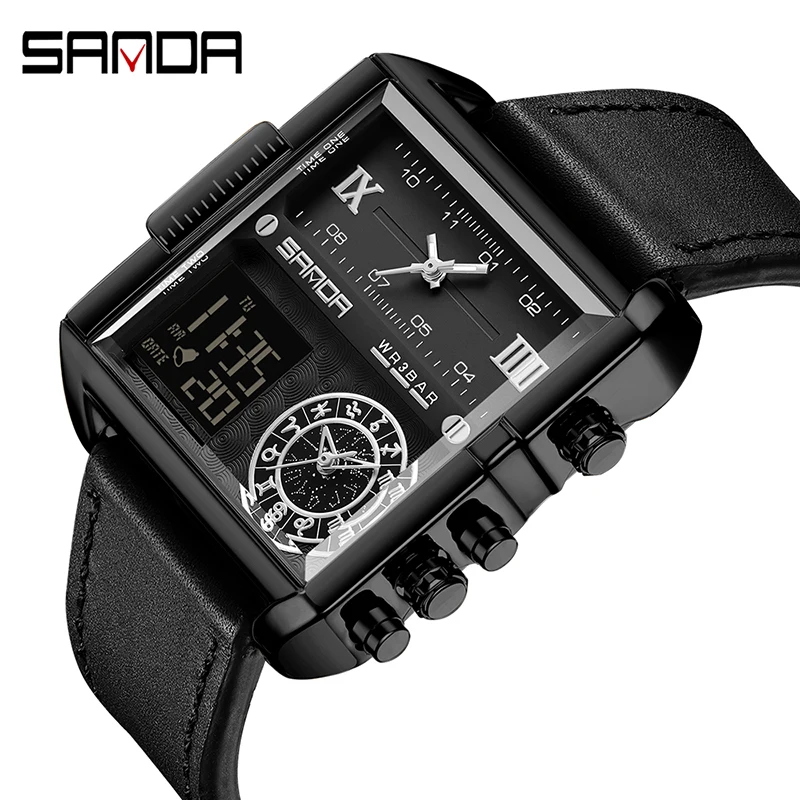 

2023 SANDA square dial three-display multi-function electronic watch 50M Waterproof Quartz Watch Shock Male Clock Relogio Mascul