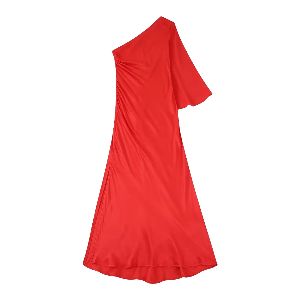 

Women's Pleated Decorative Lingerie Style Dress Temperament New Single Sleeve Fashion Solid Color Female Chic Dress Mujer