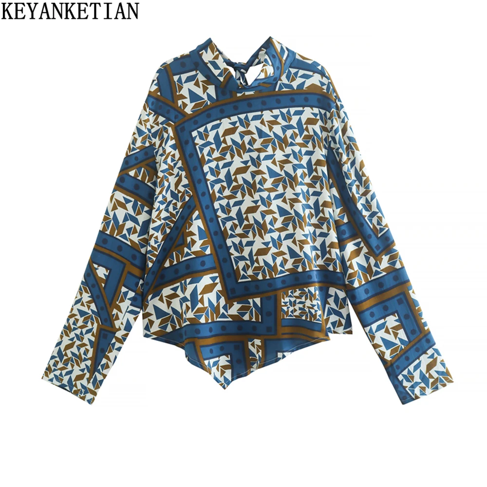 

KEYANKTIAN women's scarf print Blouse New fall retro asymmetric long sleeve half height round neck pullover lace up pattern top