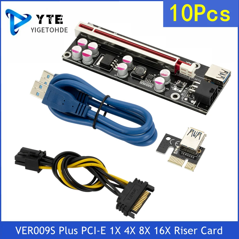 

10 Pcs VER009 USB 3.0 PCI-E Riser VER009S Plus Express 1X 4X 8X 16X Extender Pcie Riser Adapter Card SATA 15 PIn To 6 Pin Power