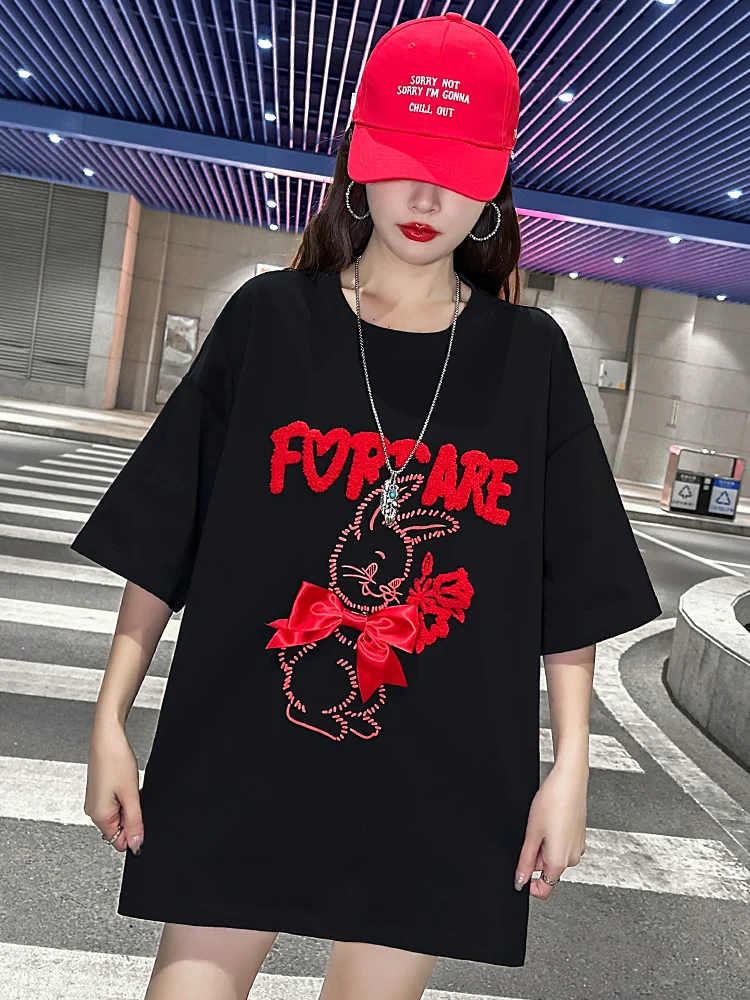 

Sandro Rivers 2023 Early Spring New European Large Fashion Letter Rabbit Short Sleeve T-shirt Women's Western-style Loose Summer