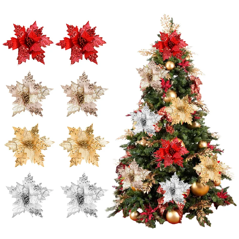 

1/2pcs Shiny Artificial Flower Head Christmas Decorative Accessories DIY Christmas Tree Pendant Wedding Party Home Decorative