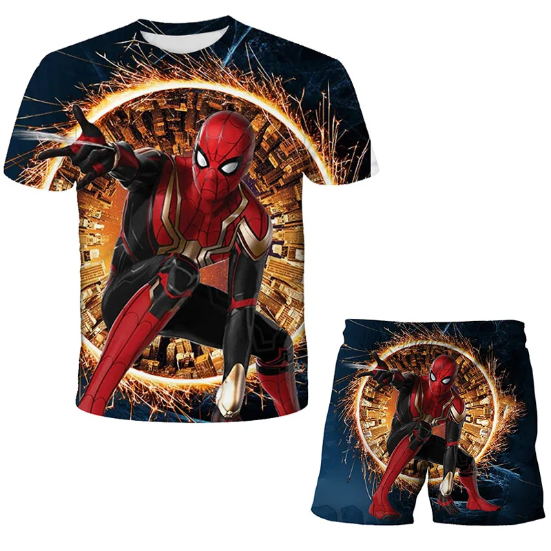 2022 New Boys Girls Sets Marvel Spider-man Short Sleeve Kids Clothes Summer For Children's Fashion Casual Tops+Shorts 2PCS Suit