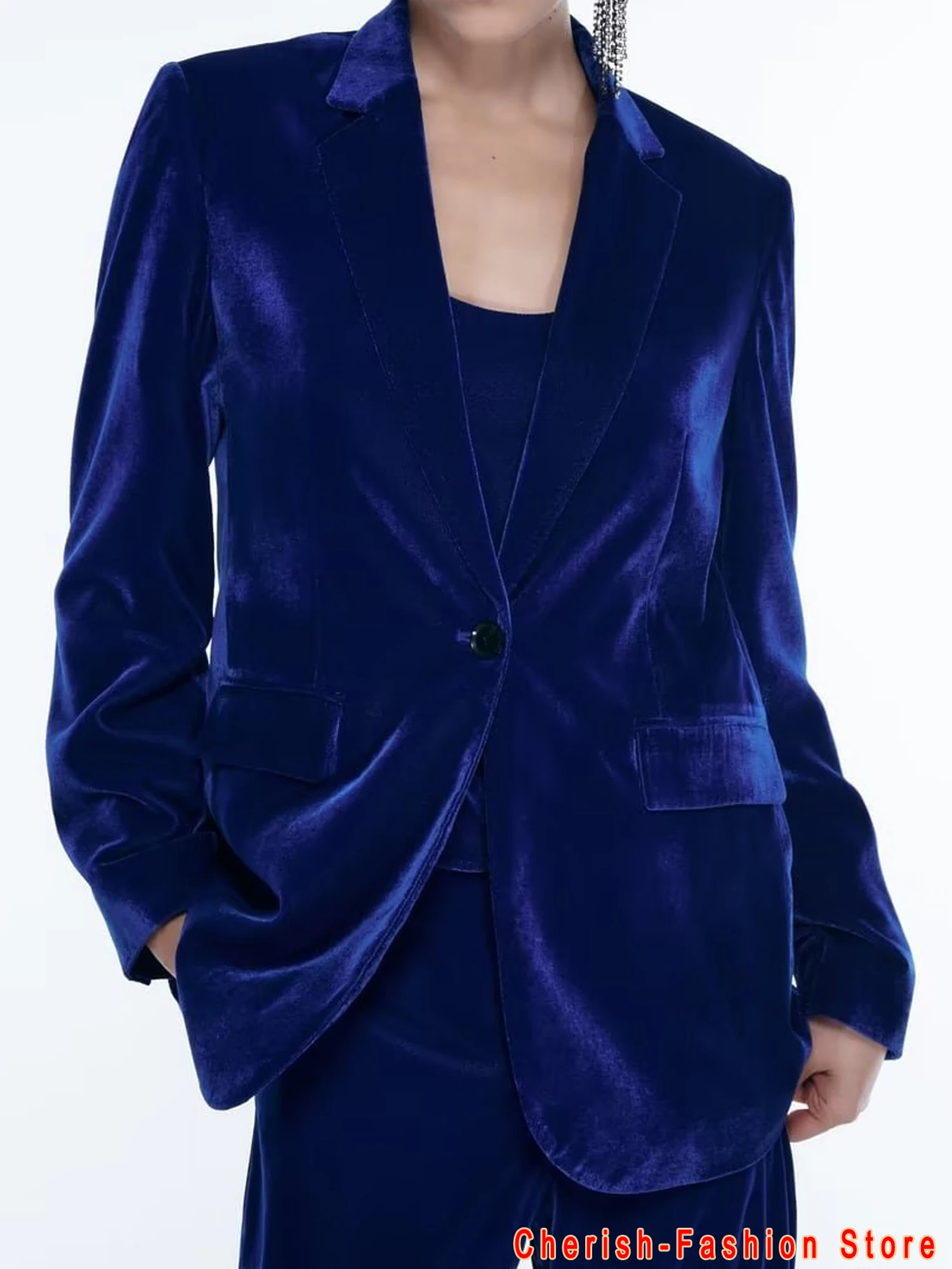 

2023 Autumn Women Velvet Blazers Coats Suit Casual Solid Single Button Female Elegant Street OL Blazer Outerwear Clothes Blue
