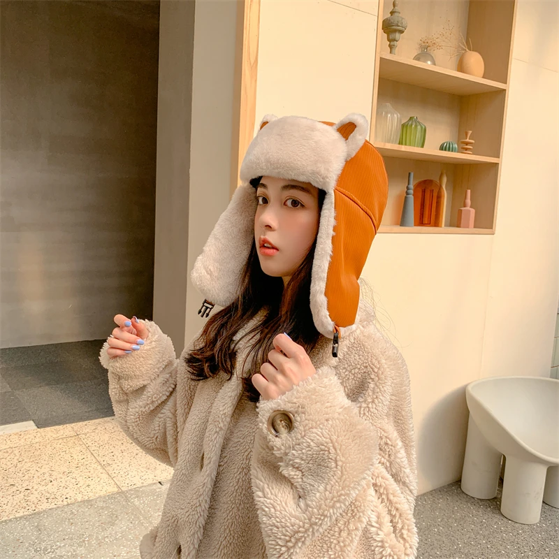 

Шапка-ушанка женская меховая с кошачьими ушками, теплая Русская Шапка, Кожаная маска карамельного цвета для езды на велосипеде и лыжах, зимн...