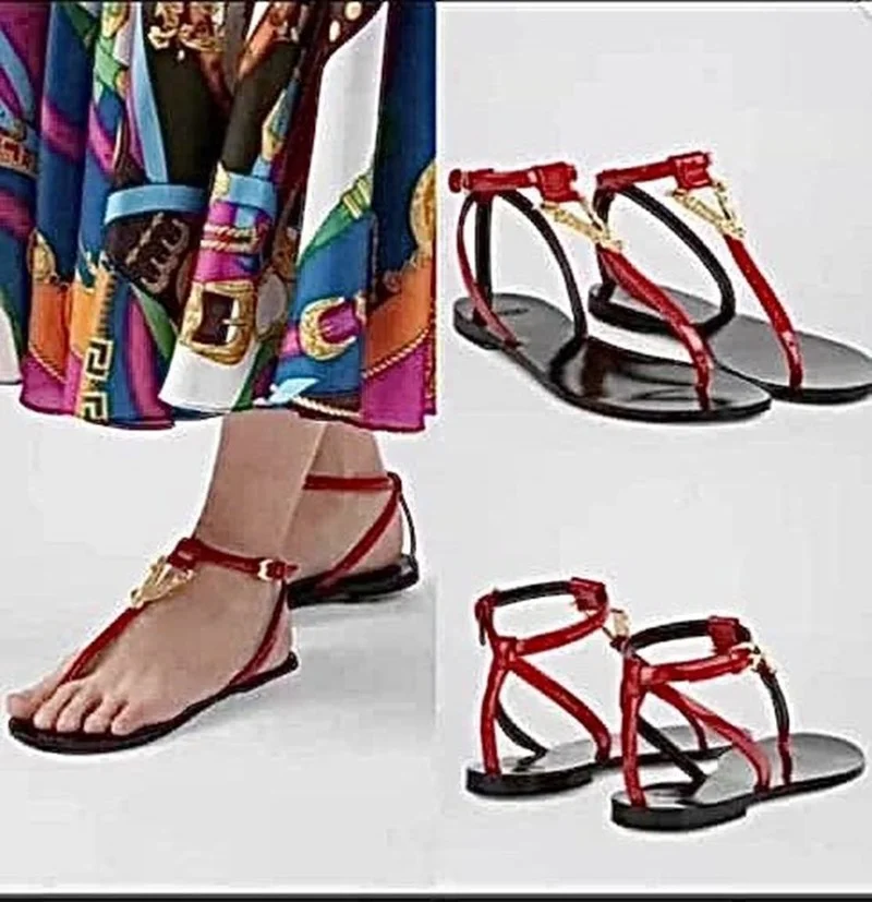 

2021 summer European and American sandals metal buckle sexy pop red flat bottomed women's slippers dress shoes for women