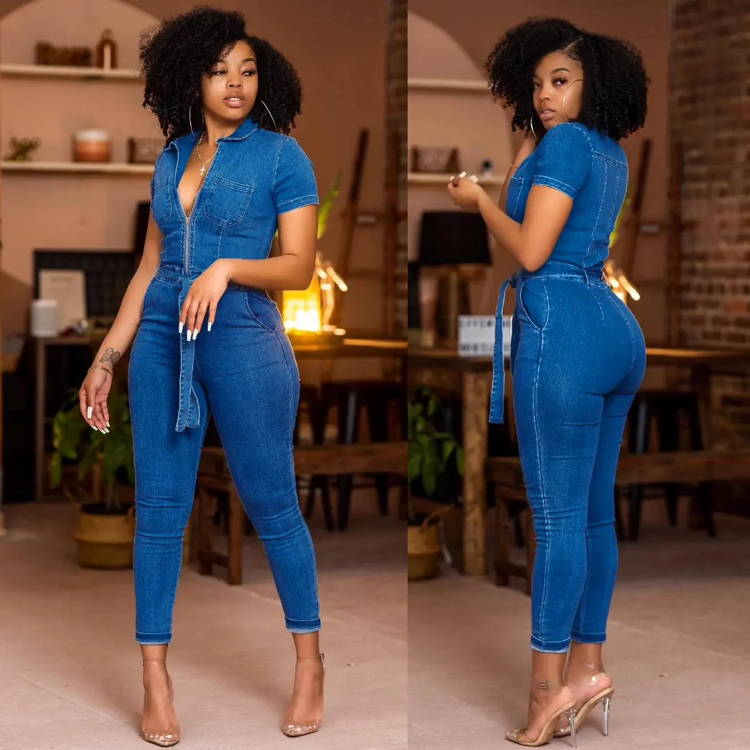 

Net red with the same sexy fashion denim jumpsuit Womens Sexy High Waist Pencil Jeans Casual Blue Ripped Denim Pants Lady Long
