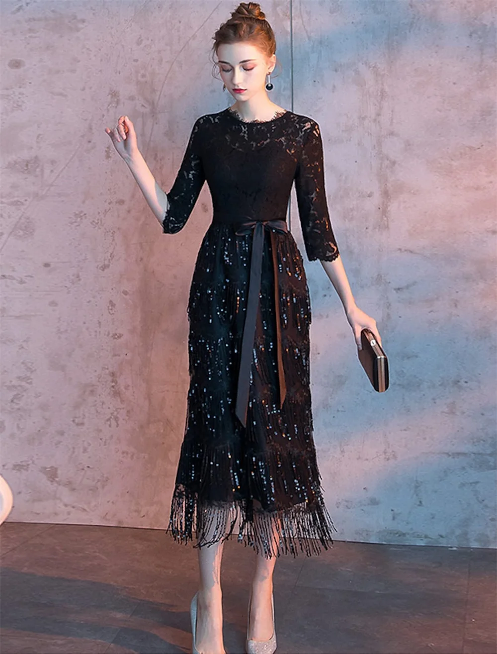 

Little Black Sparkle Homecoming Dress Jewel Neck Half Sleeve Tea Length Lace with Sash Cocktail Party Ribbon Sequin Tassel