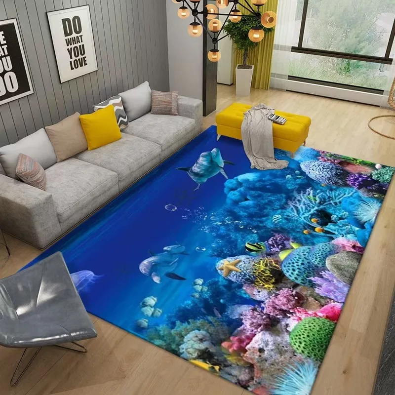 

3d Stereo Vision Carpet, Ocean World Living Room Bedroom Coffee Table Floor Mat, The Room Is Covered With Creative Carpet