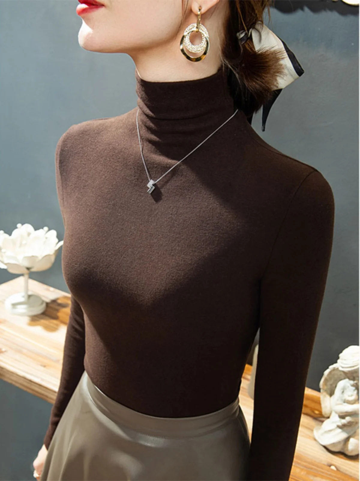 Women's Turtleneck Dralon Bottoming Shirt Long Sleeve Autumn and Winter High-Grade Fur Inner wear Fleece-lined Thickened Purp...