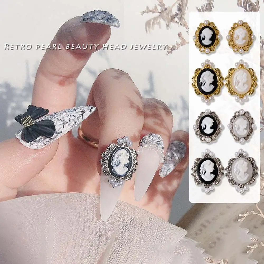 

Baroque Retro Beauty Head Nail Art Jewelry Pearl Metal Silver Nail Decoration Diamond Nail Art Accessories