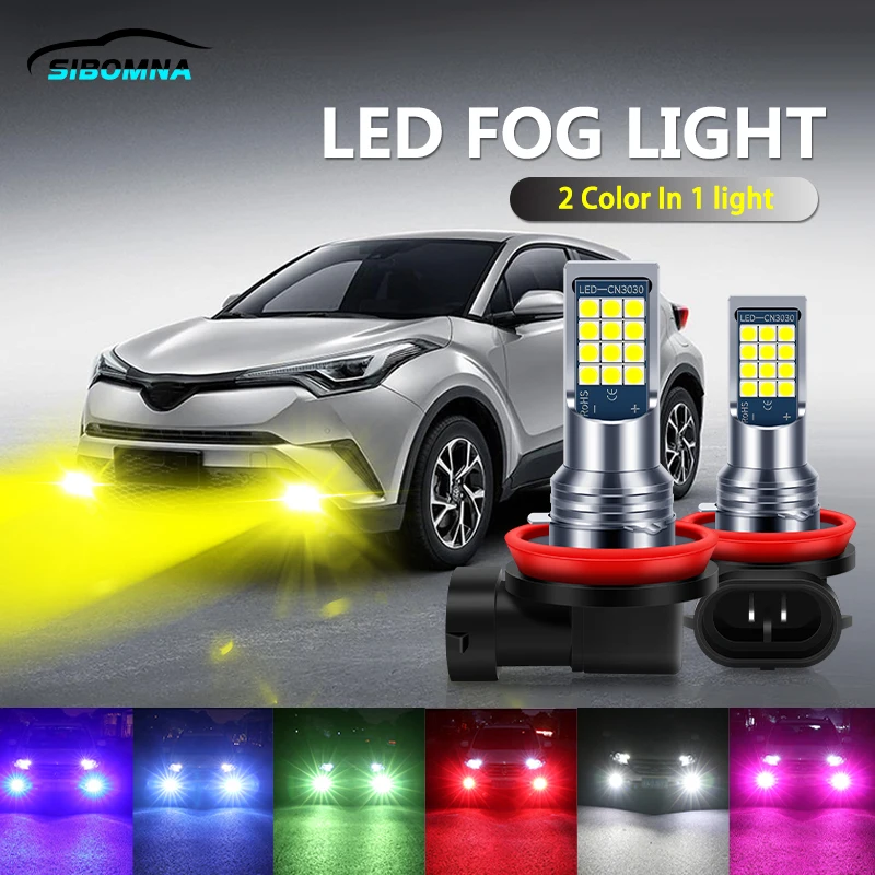 

2pcs h8 fog light Dual Colors H3 H4 H7 9005 9006 PSX24W H16 led fog light bulbs 3030 24SMD 880 881 h11 fog lamp Car Running Lamp