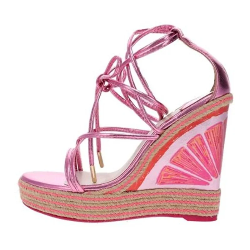 

Newest Pomelo Ankle Wrap Espadrille Wedge Sandals Pink Green Riband Lace Up Open Toe Strappy Sandals Wedged Heels Shoes Summer