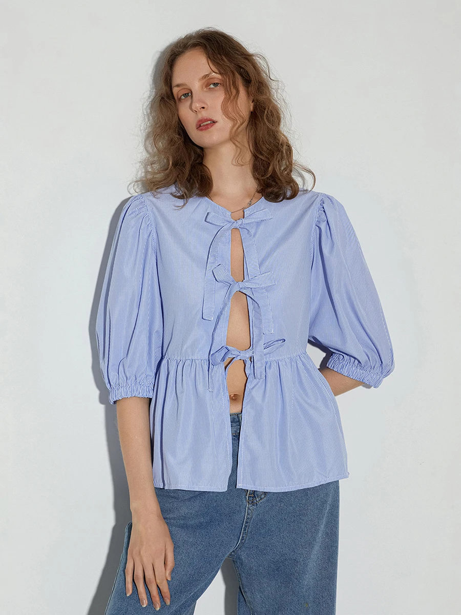 Women’s Bow Tie Front Tops Puff Sleeve Round Neck Striped Print Babydoll Shirts Spring Fall Blouses