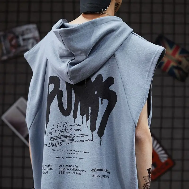 

Summer Men's Sport Hoodie High Street Hip-Hop Oversized T-Shirt Hooded Tank Top Loose Versatile Letter Printed Sleeveless Vest