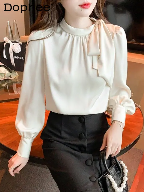 

Bow Satin Shirt Women Spring Autumn 2023 New Stand Collar Pleated Long Sleeve Chic Beautiful Blouses Office Woman Apricot Top
