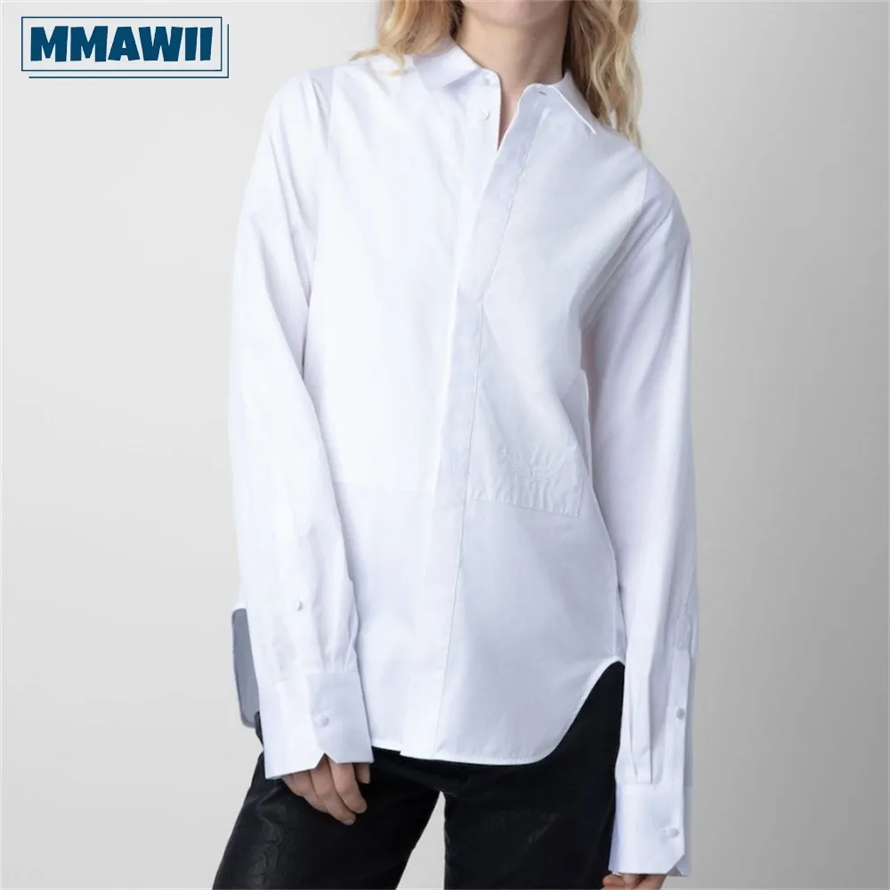 

MMAWII Casual Embroidery Loose Women Simple Long Sleeve Shirt 2023 New Turn-Down Collar Female Blouse Tops