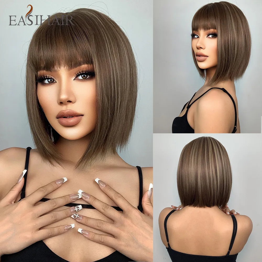 

EASIHAIR Short Straight Brown Highlight Blonde Synthetic Bangs Wigs Bob Hair Wig for Black Women Daily Cosplay Heat Resistant
