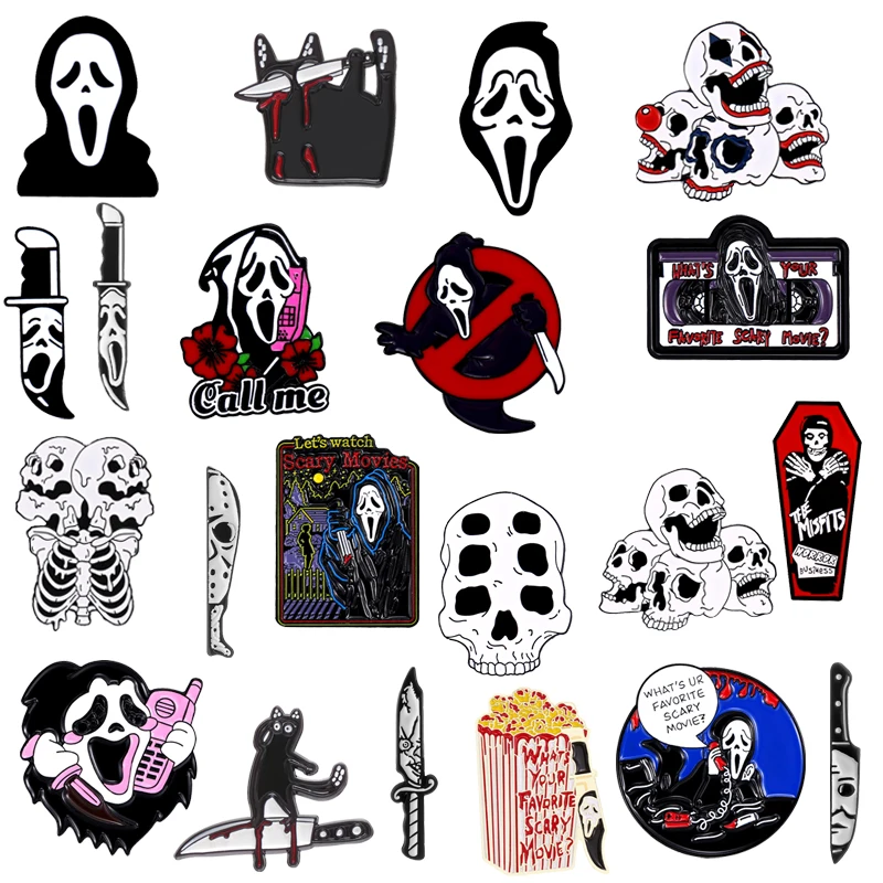 

Black Ghost Scary Faces Enamel Pin Halloween Badg Cat Horror Brooch Knife Gifts Movie Lapel Backpacks Brooch Jewelry Accessories