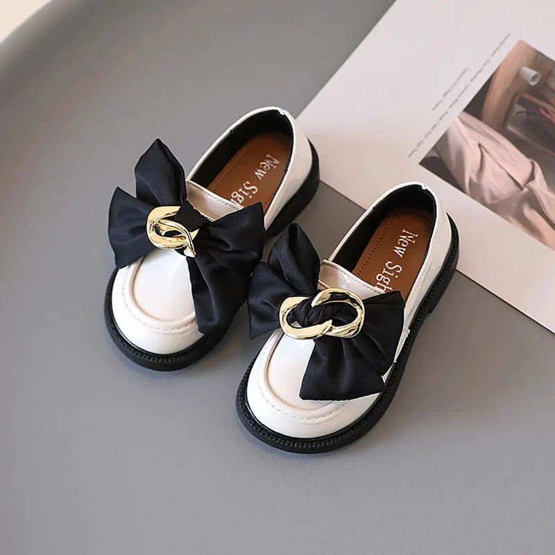 

Kid Slip On Metal Buckle Bow Shoes Girl Boy Patent Leather Shoe 2022 Spring Child Square Heel School Uniform Shoe 26-36