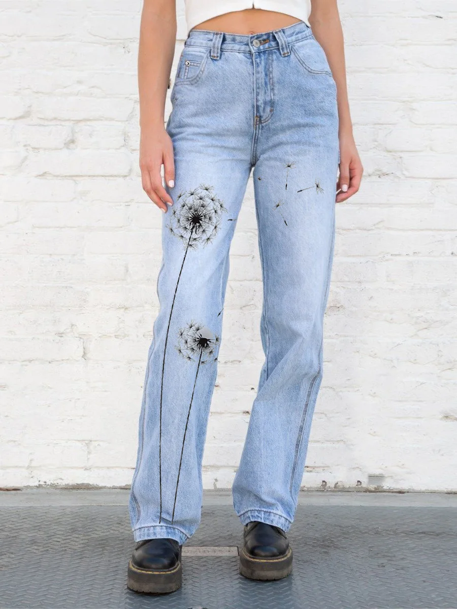 

Women's Spring and Autumn Seasons New High Street Dandelion Printed High Waist Washed Wide-Leg Straight-leg Jeans