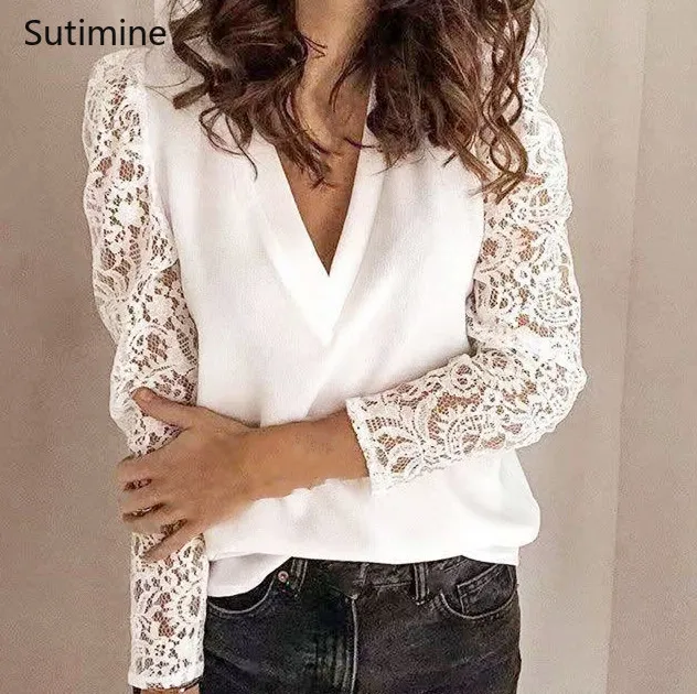 

Women Blouse Hollow Lace Sleeve Patchwork Office Lady Casual Sexy V-Neck Shirt and Blouse Elgants Tops Street Black White Tops