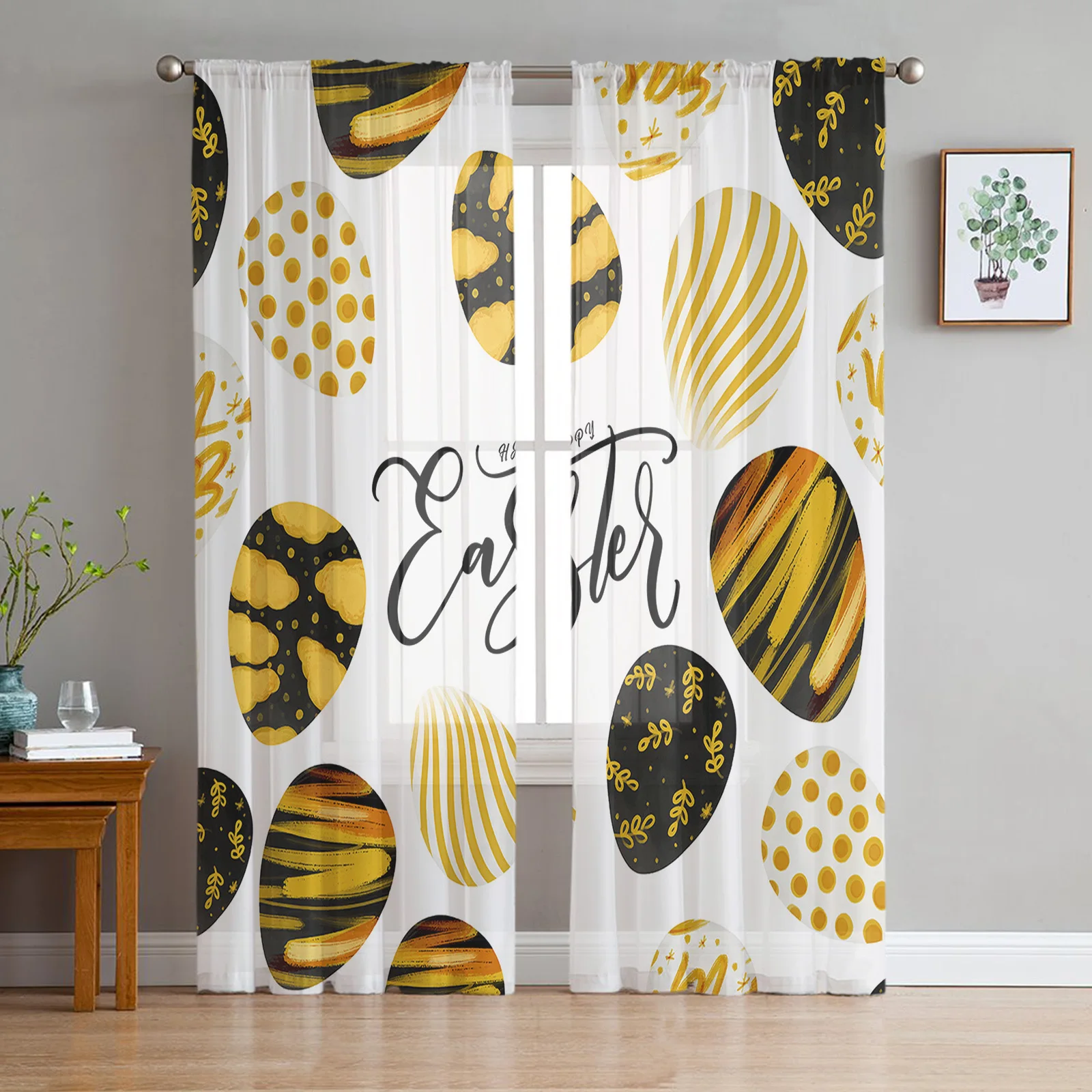 

Модные тюлевые шторы с изображением пасхальных яиц для гостиной, спальни, прозрачные оконные занавески, Декор для дома, занавески