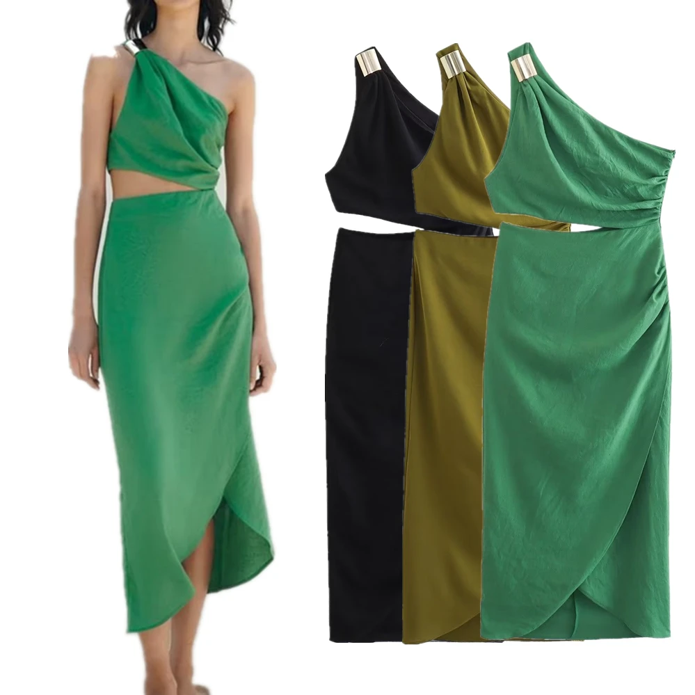 

Maxdutti Moroccan French Retro One-Shoulder Off-Shoulder Midi Dress Women Cotton Linen Sexy Suspender Dress Hollow Holiday