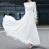 elegant casual o neck long sleeve white slender dresses spring autumn fashion belt empire chiffon solid color womens clothing