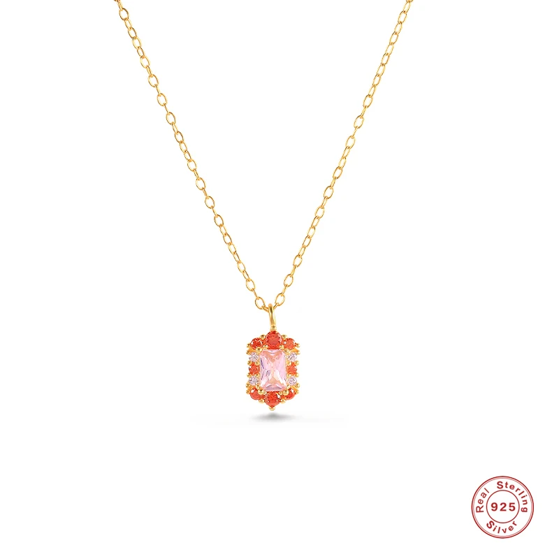 

GS 925 Sterling Silver Rectangle Fresh Orange Pink White CZ Zircon Pendant Necklace For Women Luxury Wedding Party Necklace